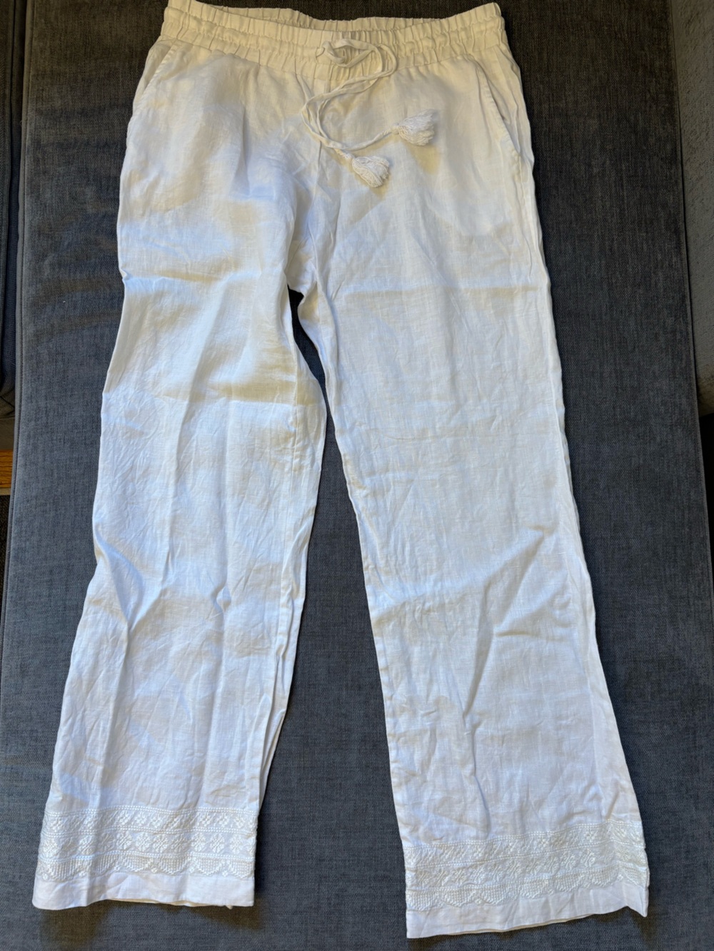 Lands' End Embroidered White Linen Drawstring Beach Pants
